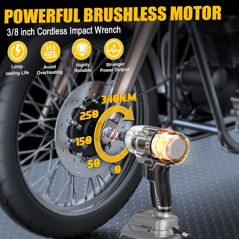 Cerycose Cordless Impact Wrench for Dewalt Battery 250FT-LBS 3/8 inch 340N.m Compact Impact Gun Brushless Electric Includes LED Work Light - 2400RPM Light-Duty Impact Driver Wrench - No Battery - Image 2